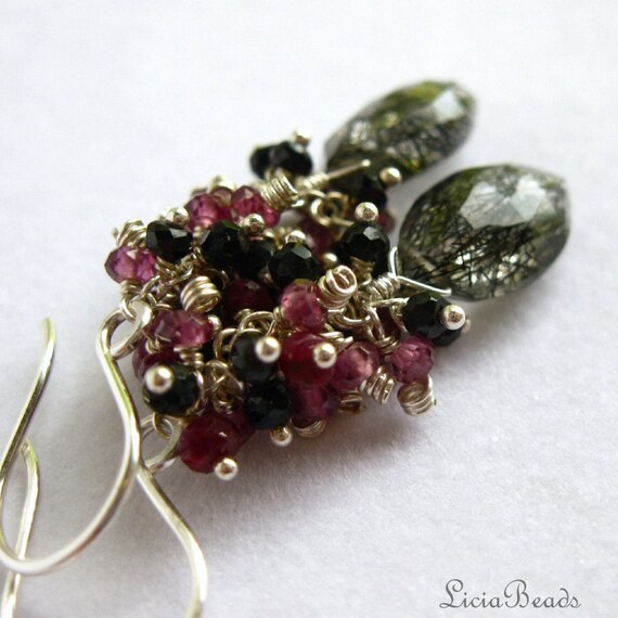 Ruby Tumble - Ruby, Garnet and Spinel clusters over Tourmalinated Quartz, sterling silver