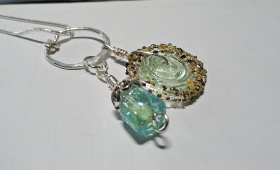 Aqua and Seaforam Lampwork Hammered Sterling Silver Pendant & Necklace