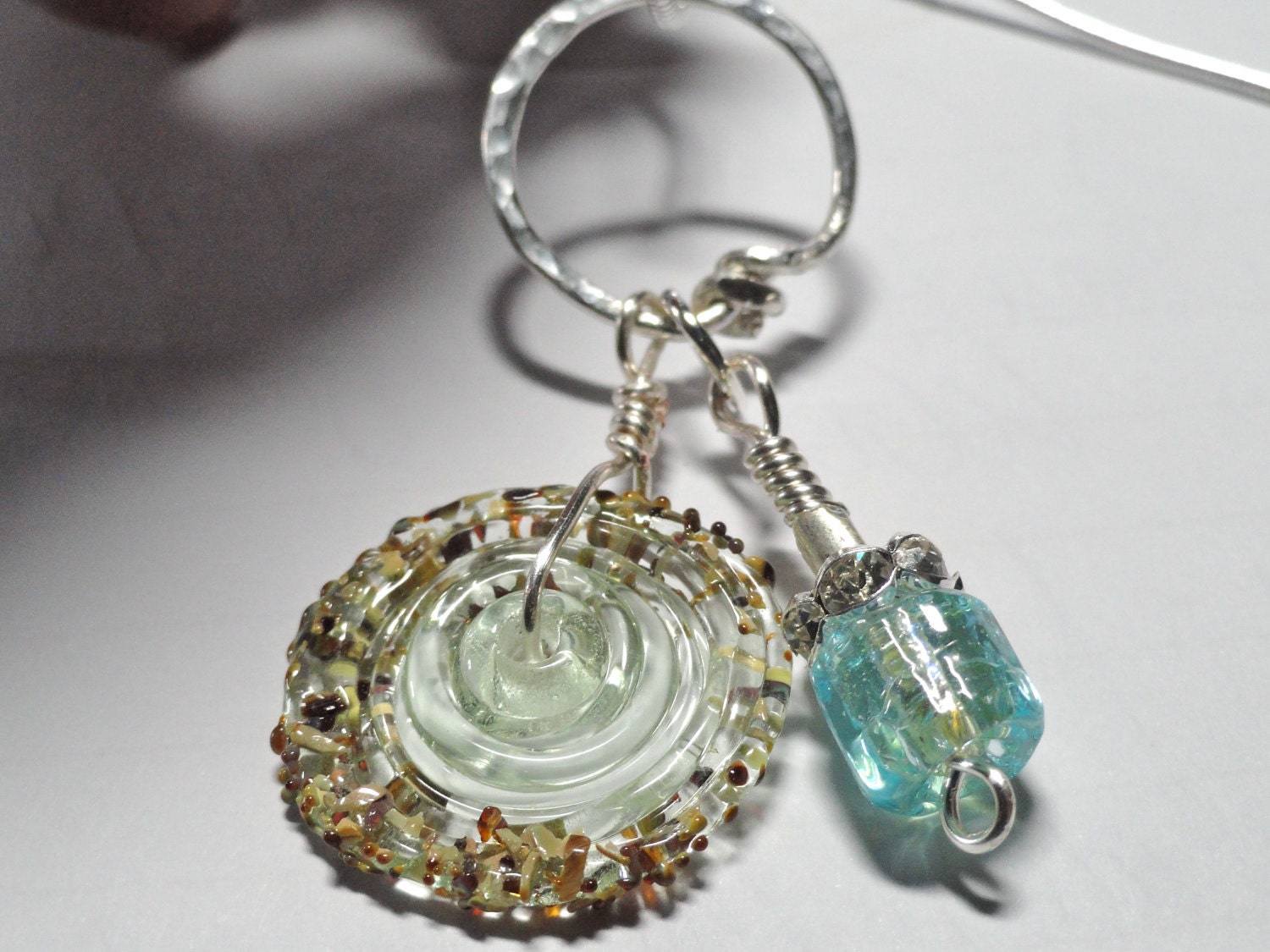 Aqua and Seaforam Lampwork Hammered Sterling Silver Pendant & Necklace