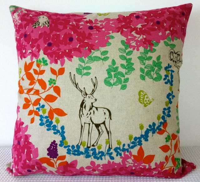 Japanese colorful cushion cover with butterfly and deer forest motif, throw pillow, decorative cushion
