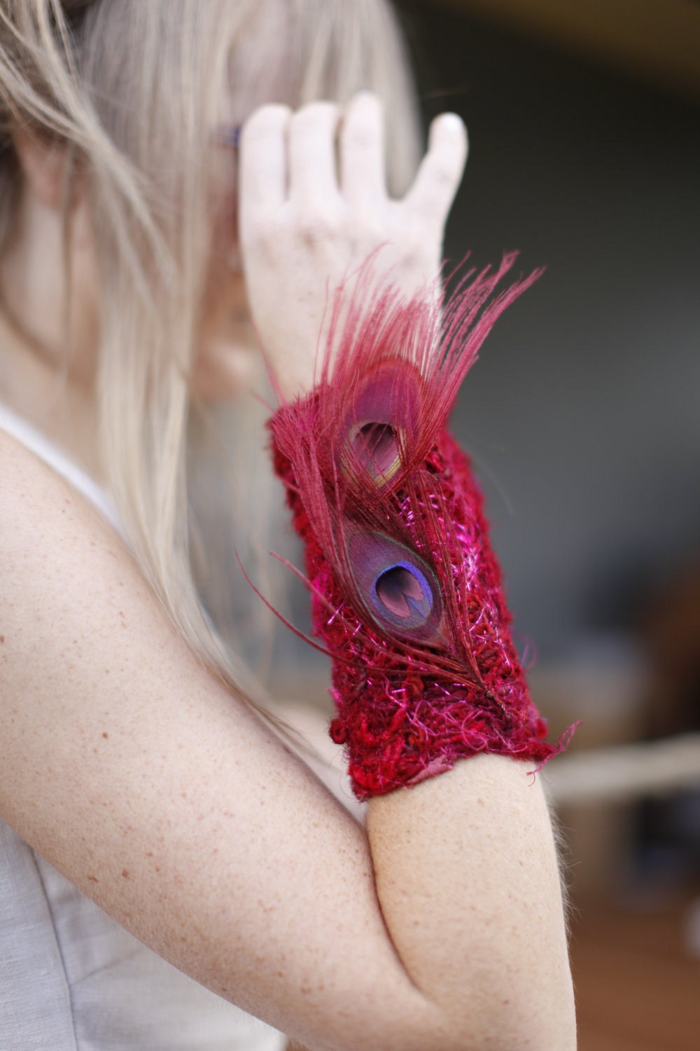 Red Silk Feather Cuff. Burgundy Peacock Wristlet. Ruby Statement Corsage.