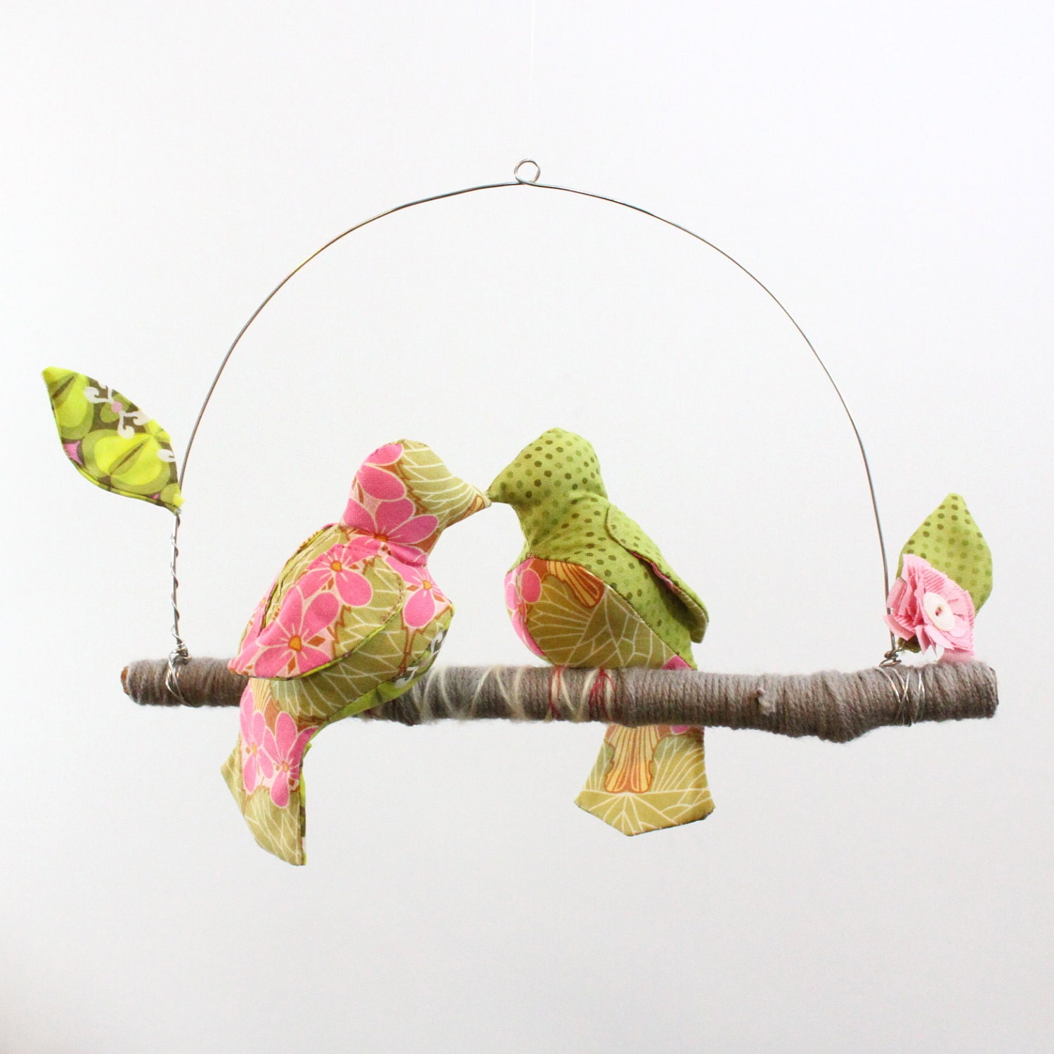 Modern Love Bird Mobile - "2 little lovebirds sitting in a tree K-I-S-S-I-N-G"  in blush pink, lime green, gray