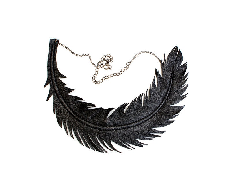Feather Necklace, Black Leather Feather Jewelry, "RAVEN" Statement Necklace by Loveatfirstblush