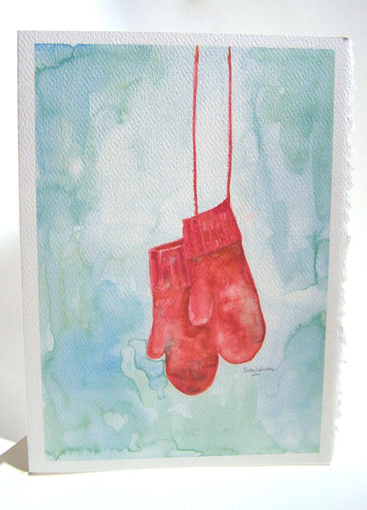 Red Mittens Watercolor Christmas Card - 5x7 (Set of 10)
