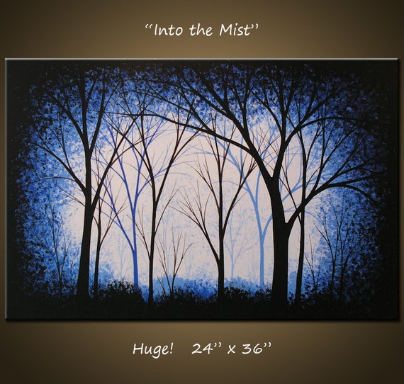 Original Large Abstract Painting Modern Contemporary Landscape Trees .. white blue black ...24 x 36 ... Into the Mist