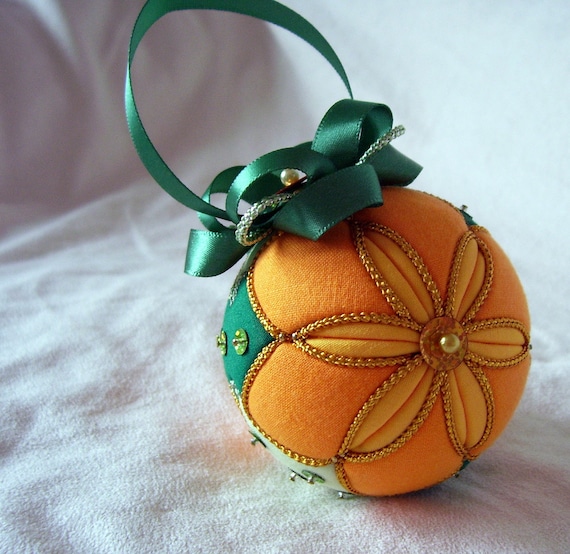 Orange Yellow and Green Six Petal Flower Kimekomi Christmas Ornament