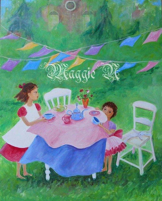 Tea Party - Sisters at Teatime - Acrylic Painting - 11 x 14 Inches