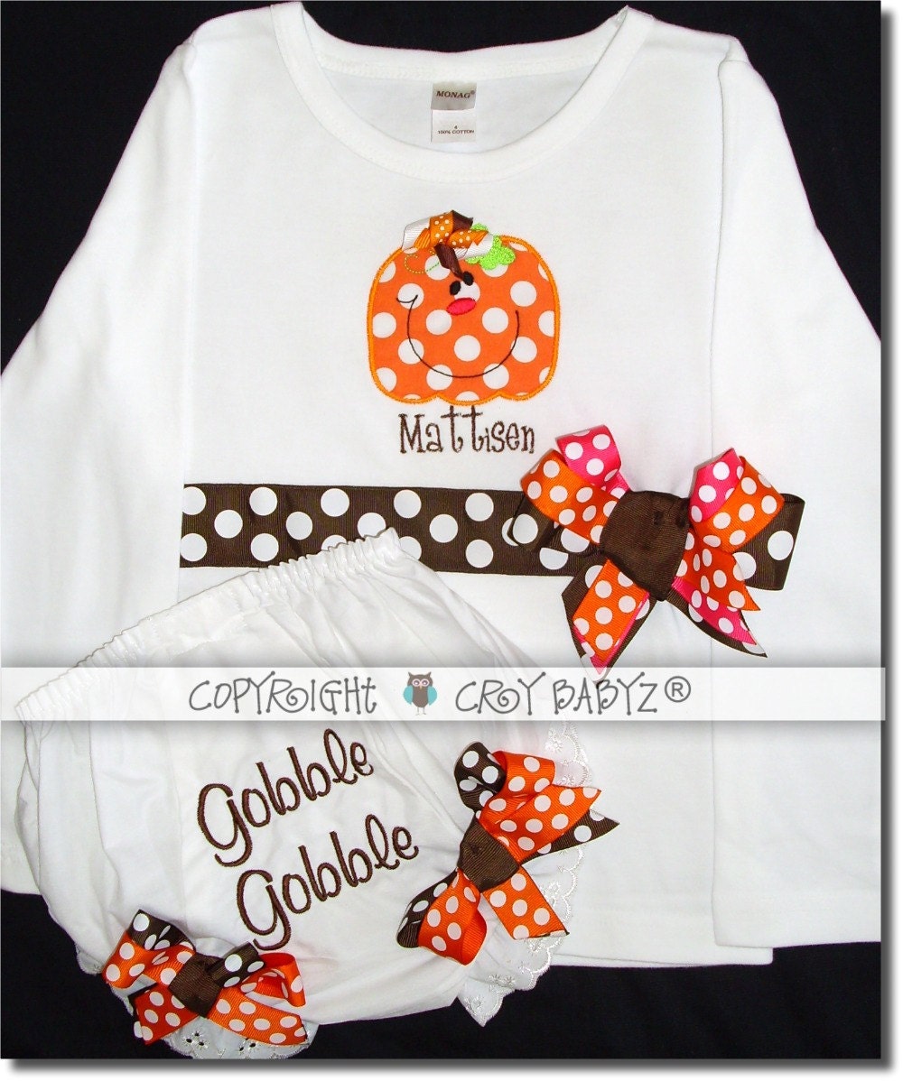 Thanksgiving Outfits PUMPKIN applique Girls Long Sleeve Shirt Baby Bloomer Personalized Diaper Cover with Name
