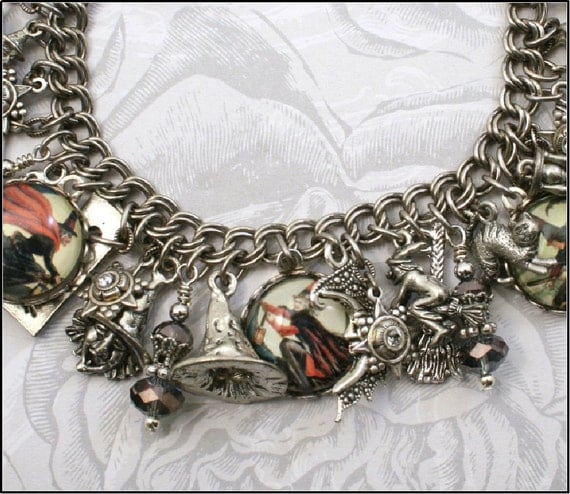 The Black Cauldron, Witches, Halloween, Vintage Inspired Charm Bracelet