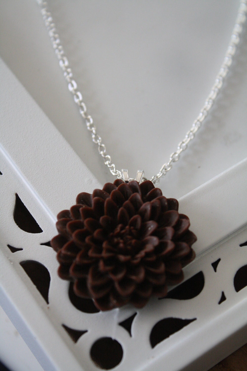 CINNAMON - Chrysanthemum Cabochon Pendant Necklace on a Silver Chain