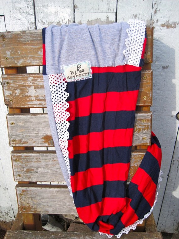 Heidi Beth Loopdy Scarf in red/navy striped jersey, grey jersey, & white vintage lace