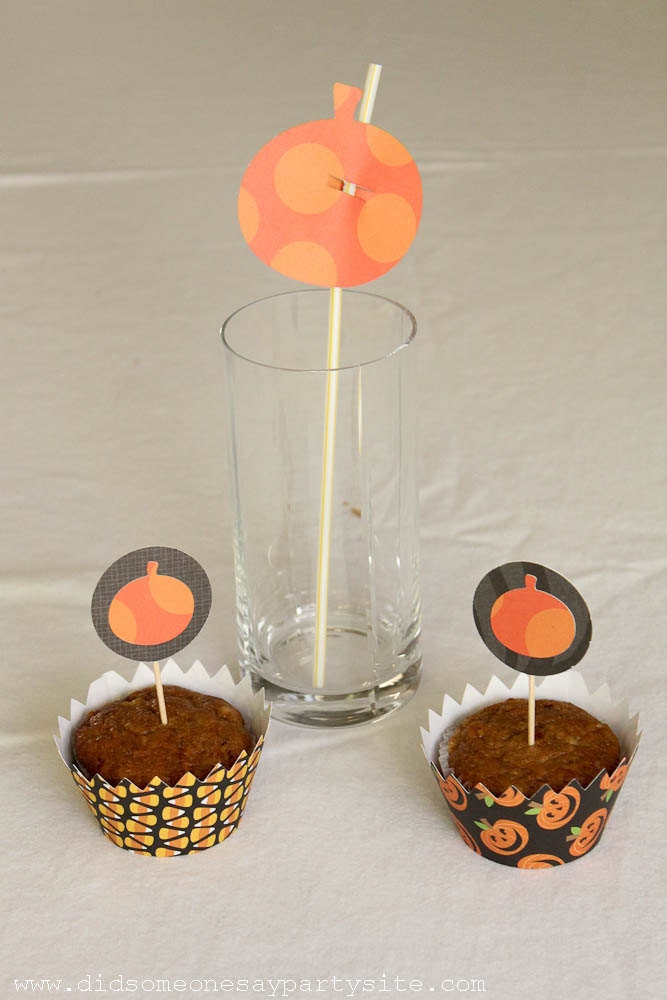Handmade Halloween Pumpkin Cupcake Wrappers, Cupcake Toppers and Straw Toppers - FREE SHIPPING
