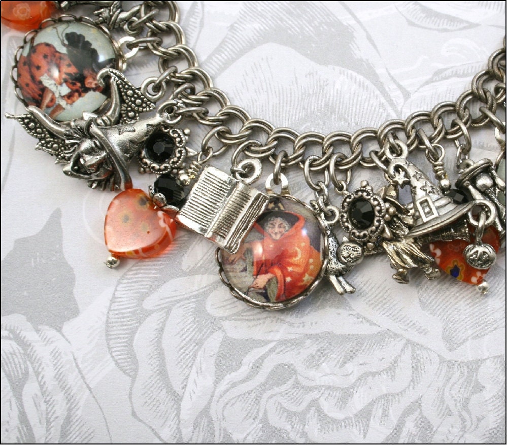 Witchy Boo, Witch, Halloween, Vintage Inspired Charm Bracelet