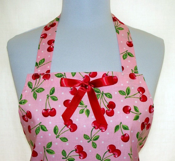 Apron Cherries on Pink with White Dots, Red Ribbon Trim and Ruffled Flounce, Cute Girly Hostess Kitchen Gift