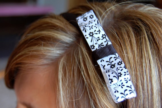 Hair Bow with Black Headband - Black and White Hair bow clip accessory - Adult Lady Hair bow and Headband