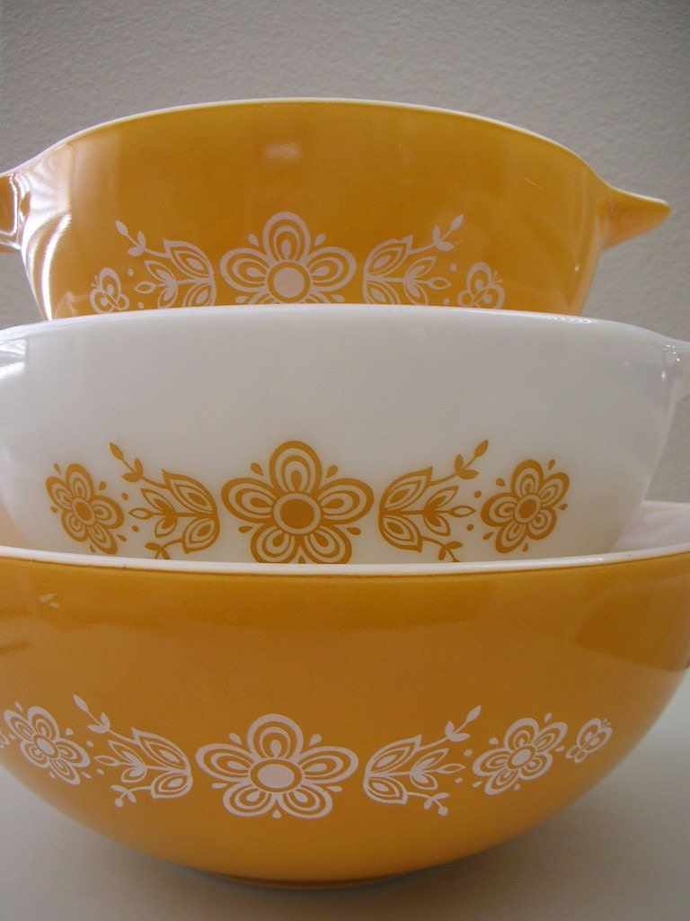 Pyrex Gold Butterfly Cinderella Bowls Set of 3 Nesting from The Back part of the Basement
