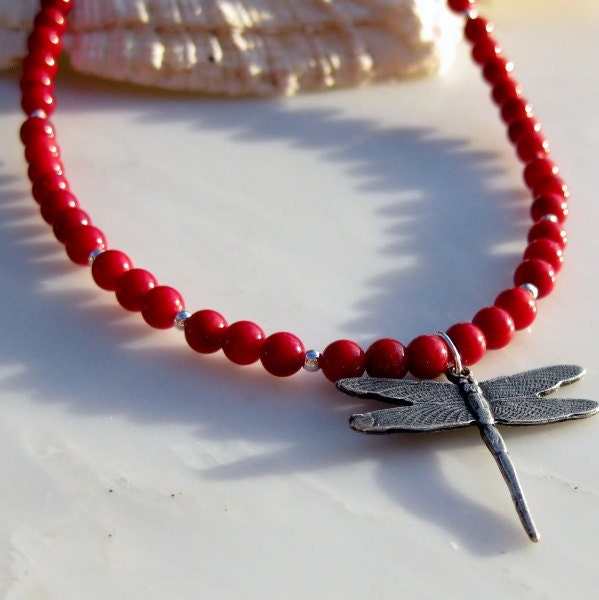 Red Coral Gemstone Necklace, Sterling Silver Necklace - 'Red Flame Dragonfly' Necklace, Woodland Creatures - Handmade