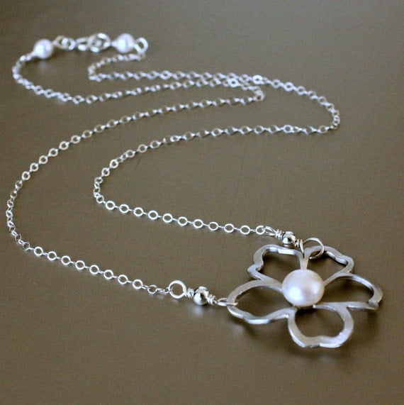 Silver Flower with Freshwater Pearl Necklace, Sterling Silver.