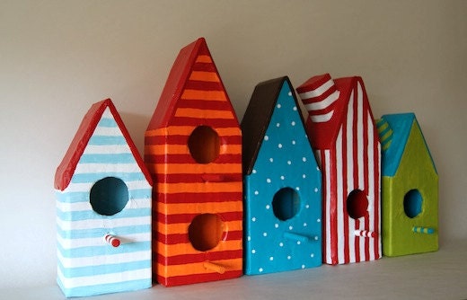 Five Paper Mache Little Bird Houses