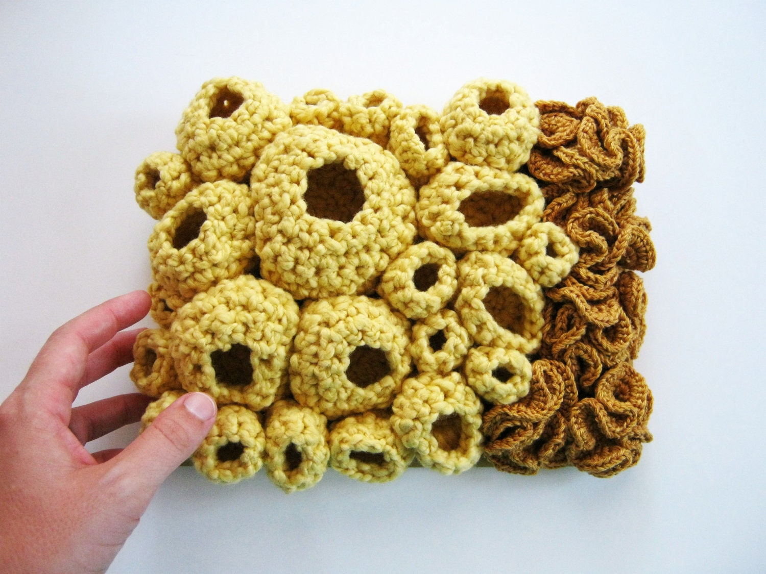 Modern Textile Wall Art Free Form Crochet in Gold and Yellow - Cluster