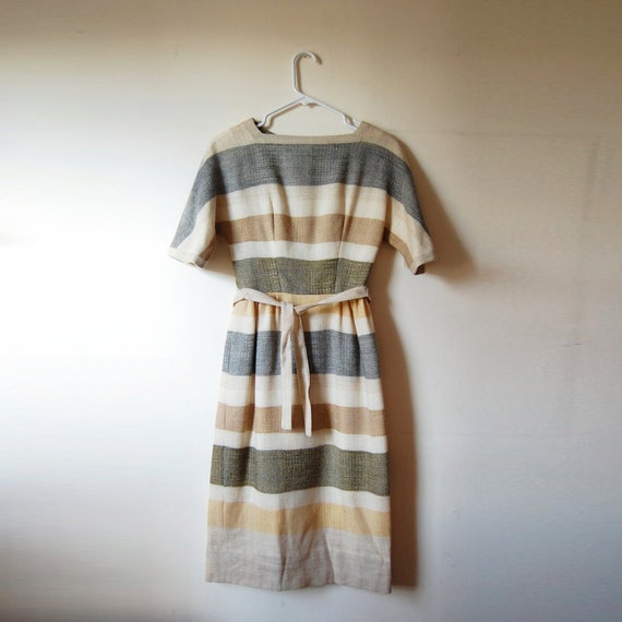 Vintage 1950s Multi-tone Shift Dress with Horizontal Stripe Pattern and Belt - ON THE HORIZON