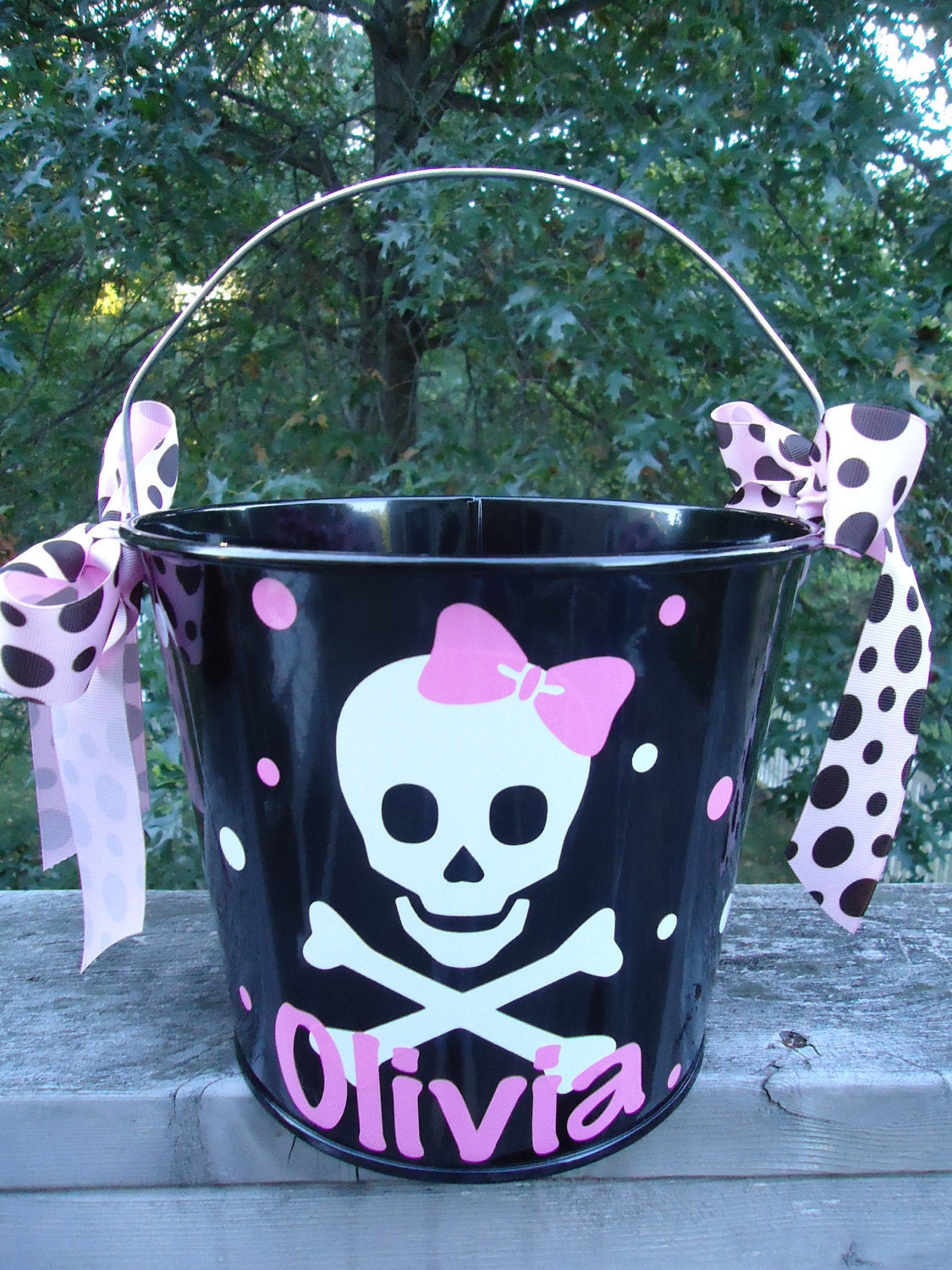 Halloween trick or treat bucket - personalized skull and crossbones for girls design