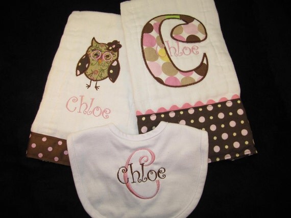 Personalized Owl Burp Cloths and Bib Gift Set for New Baby/Mom with Free Shipping