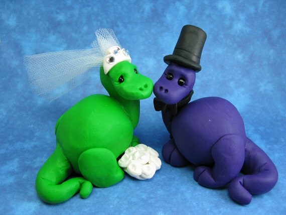 Dinosaur Wedding Cake Topper Green and Purple Polymer Clay Ready to Ship