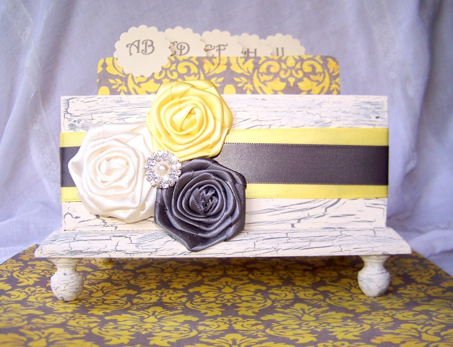 Wedding Guest Book Box Yellow and Gray Ivory Shabby Chic Box 
