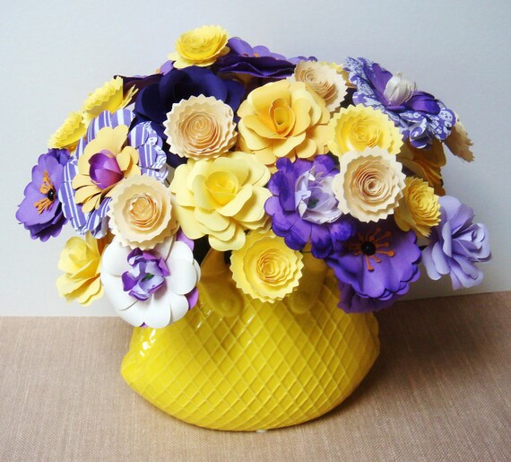 Purple and Yellow Paper flower Arrangement in Ceramic Yellow Purse