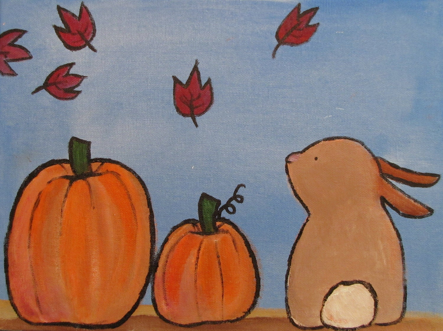 Autumn Painting, Pumpkins and Rabbit Nursery Decor 12 x 9