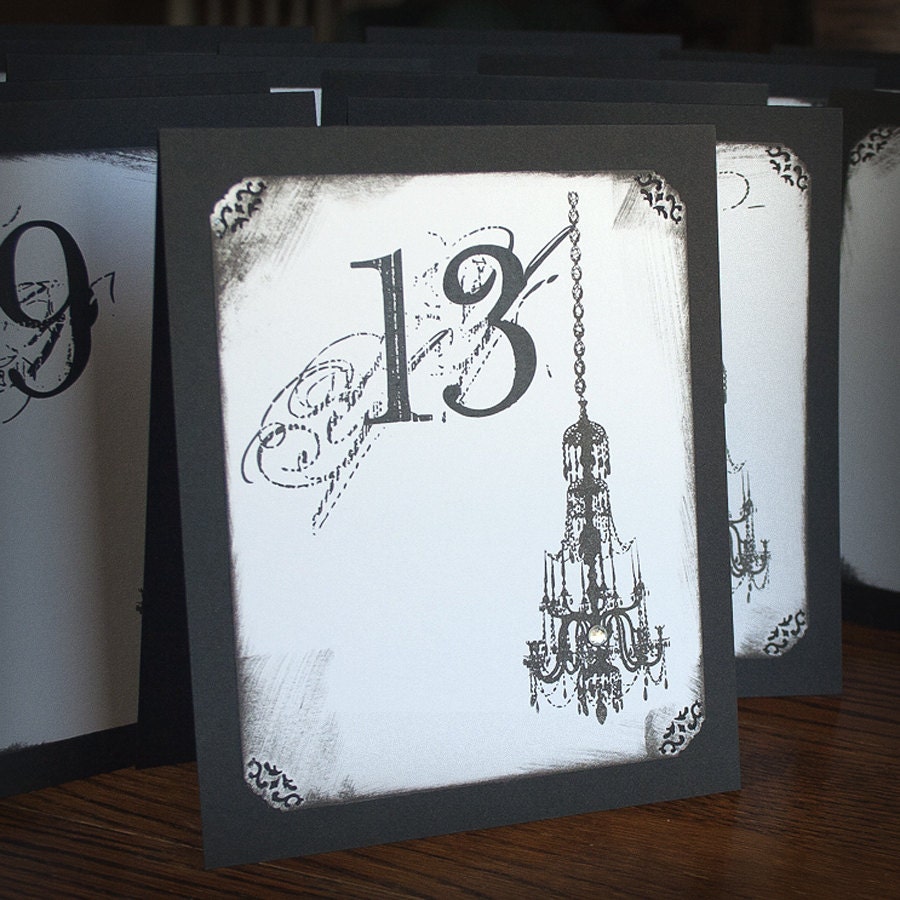 Chandelier Tented Table Numbers Wedding Black and White Elegant Large Halloween