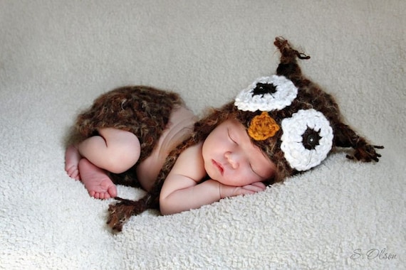 Baby Owl Crochet Hat and Diaper Cover--2 piece matching set--Fuzzy Newborn Photo Prop