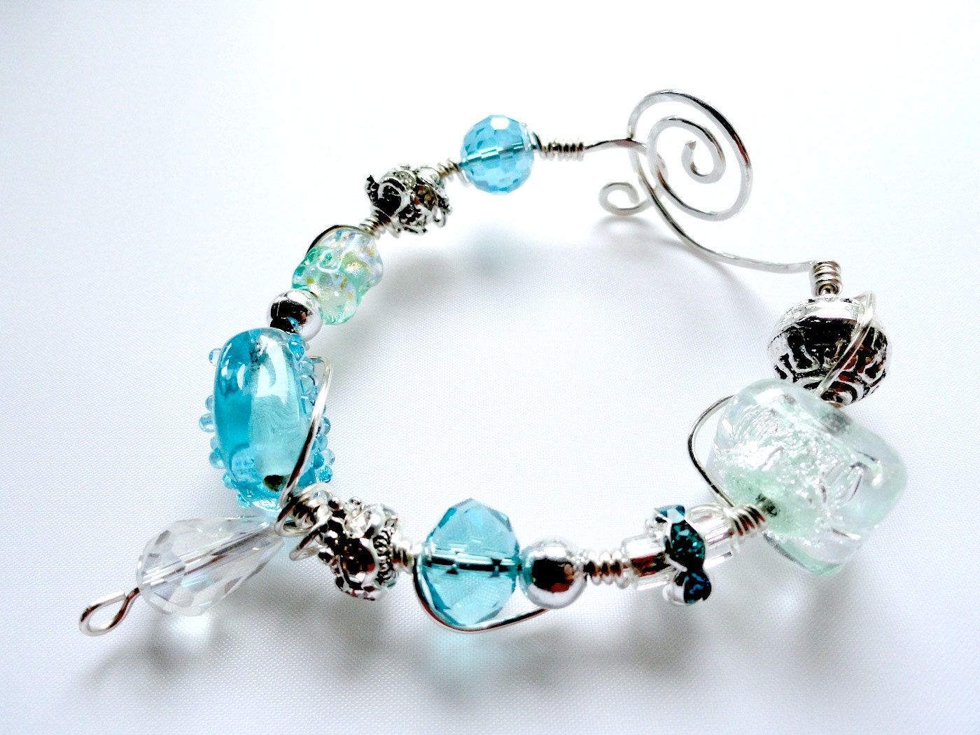 Aqua Blue Sparkle Lampwork Dichroic Bead Wire Wrapped Bracelet