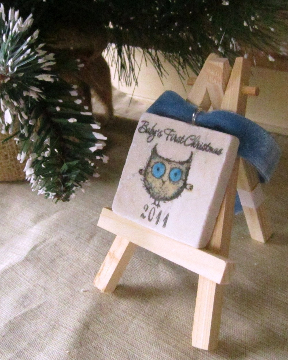Baby Boy First Christmas Ornament, blue owl, including gift box