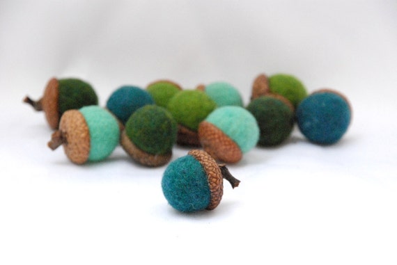 Eco Friendly - 12 Green and Blue Needle Felted Wool Acorns