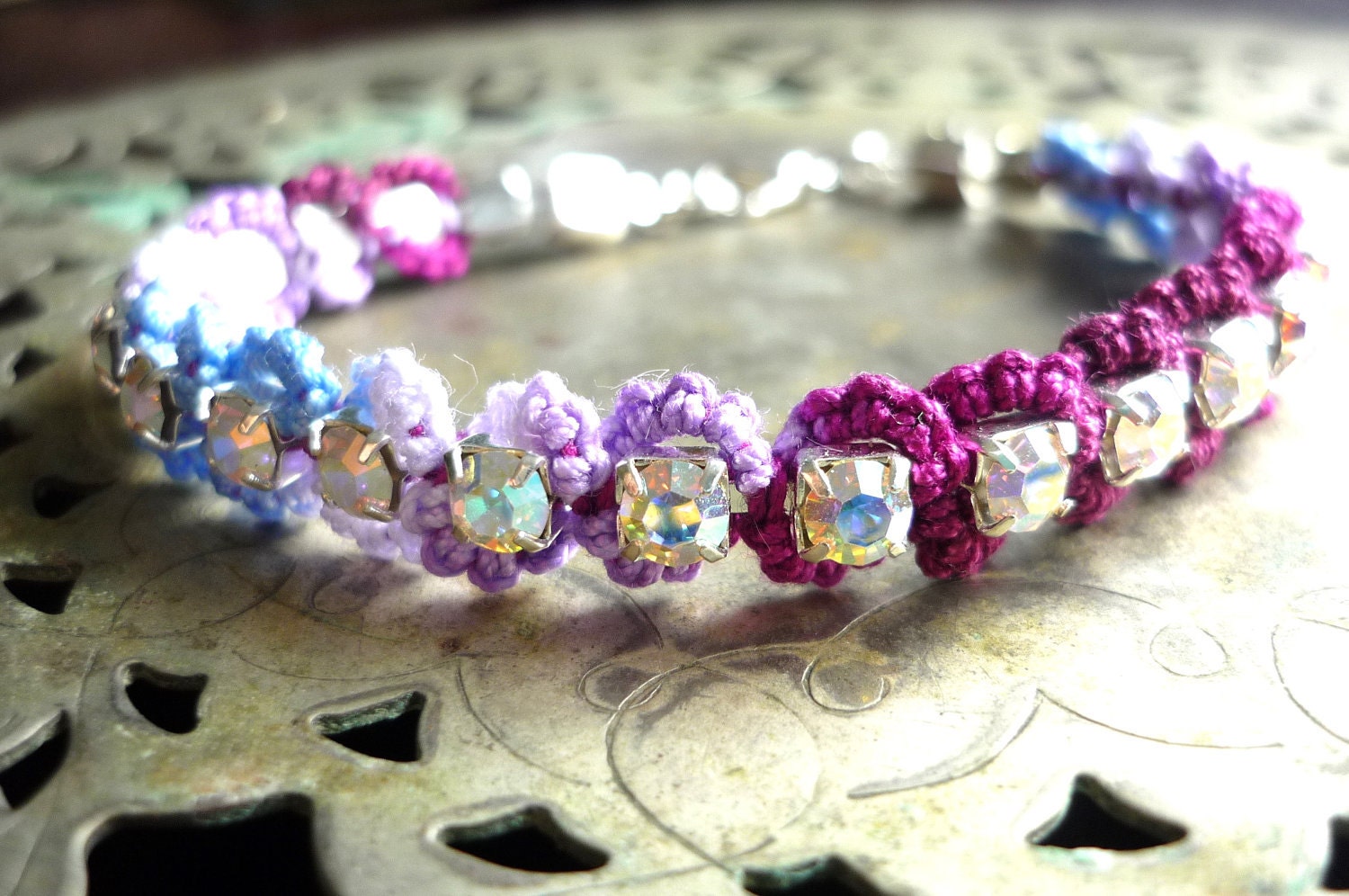 Swarovski crystal bracelet - berry purple and fresh blue - tatted lace