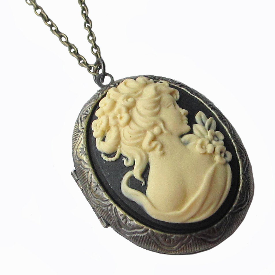 Large Vintage Cream Greek Goddess Cameo Locket Necklace