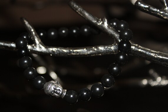 Men's Beaded Bracelet with Black Onyx Semi Precious Gemstones and Silver Buddha Head