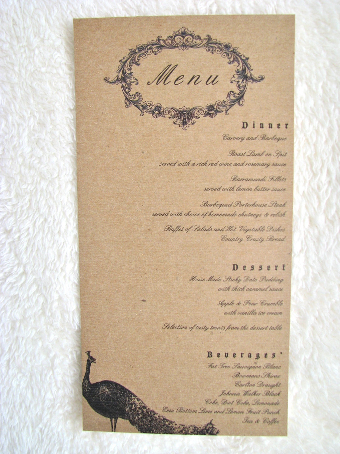 Vintage Peacock Wedding and Event Menu - 4"x8" customizable from anna.michelle Cards