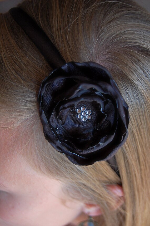 Satin Hair Flower Clip w/ headband. Black satin hair flower accessory with rhinestone center and black headband
