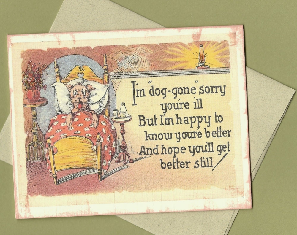 Get Well Card, Dog Get Well Soon Card, I'm dog-gone sorry you're ill - vintage illustration