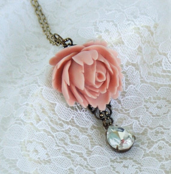 Flower Necklace - Peach Rose With a Beautiful Clear Vintage Crystal Jewel