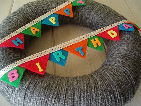 Happy Birthday Bunting Banner Handmade Front Door Yarn Wreath - 12in