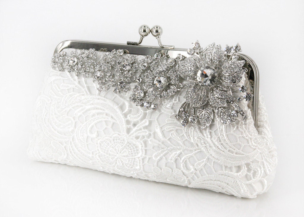 Ivory Bridal Lace Clutch with Rhinestone Lace Brooch 8-inch LHERITAGE