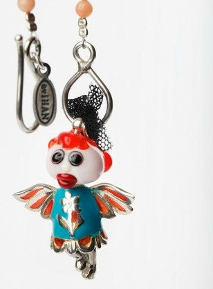 Silver Angel Necklace with Coral Beads and Turquoise Orange Enamel 