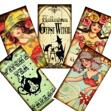 Vintage Gypsy Fortune Teller 1x2 Collage - tags glass tile domino jewelry supplies - U-print 300 dpi jpg
