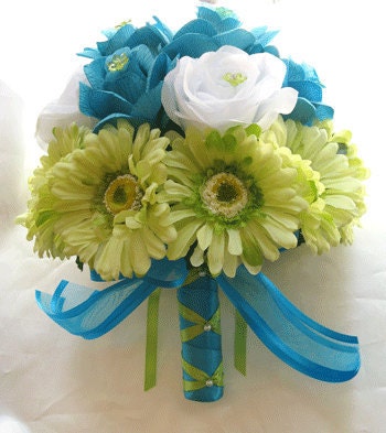 Bridal bouquet TURQUOISE GREEN DAISY wedding flowers Bridesmaids 