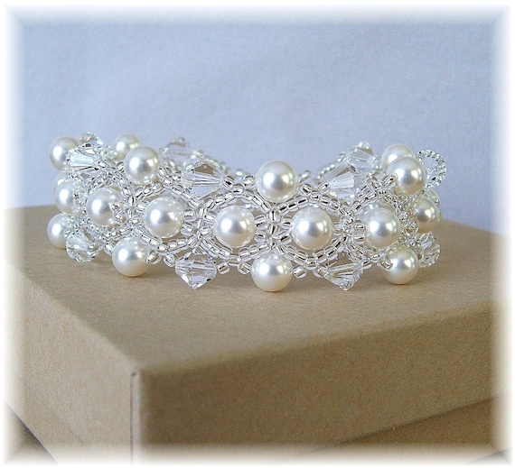 White Pearl and Crystal Wedding Bracelet Beaded by Handwired from etsy.com