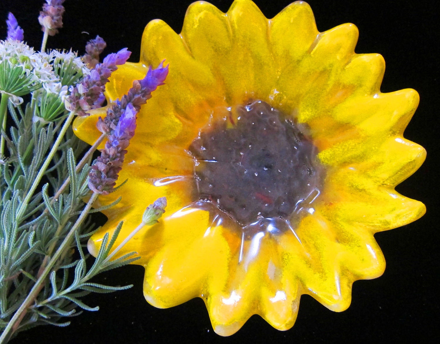 Sunflower, glass cast bowl, fused glass and formed for garden or patio